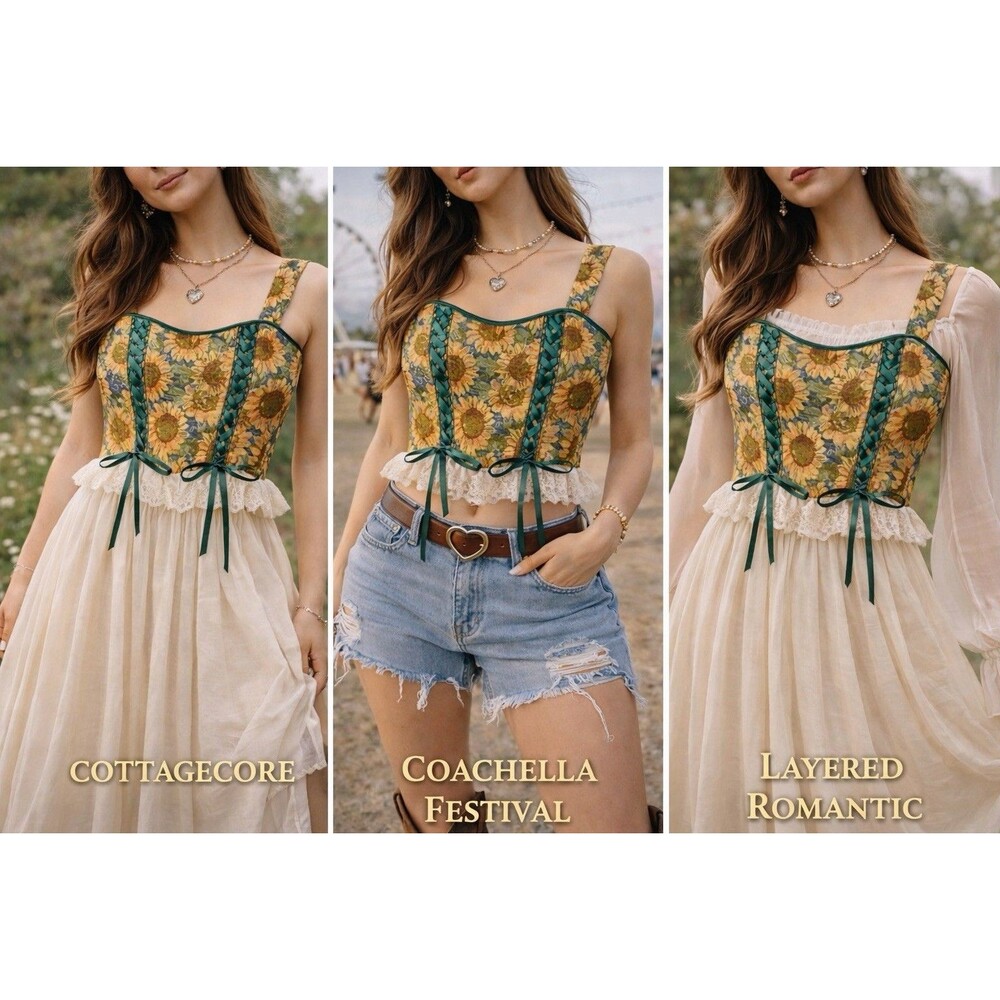 Sunflower Tapestry Corset Top Boned Bustier Lace Trim Cottagecore Coquette M/L